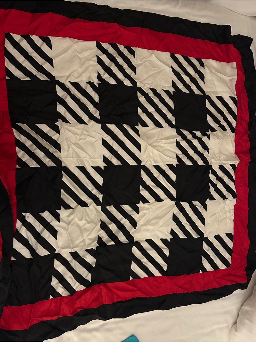 Graphic Black & White Checker Satin Scarf with Red Border